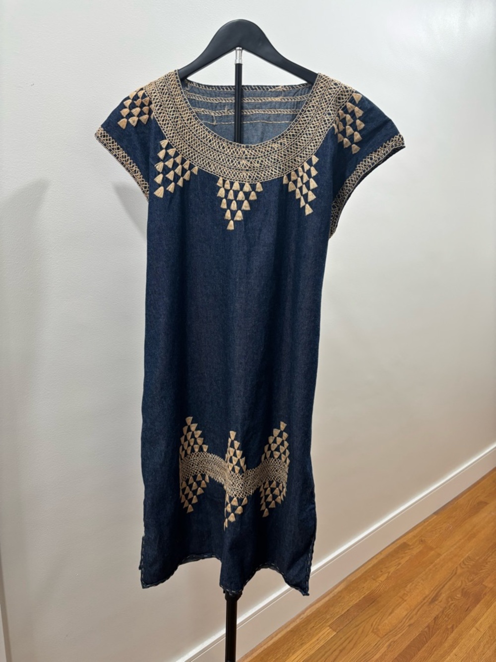 554. Embroidered Navy Shift Dress with Light Brown Accents